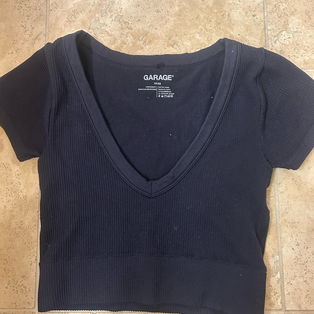 Garage Deep Navy Ribbed V-Neck Crop Top